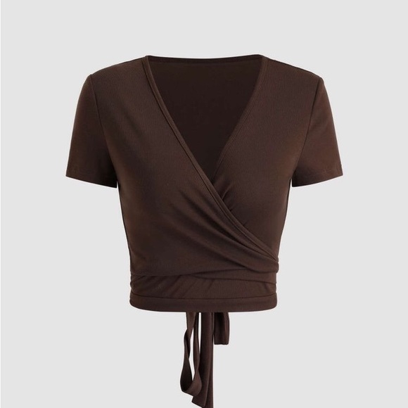 Cider Tops - Cider Brown Solid Wrap Tie Short Sleeve Top